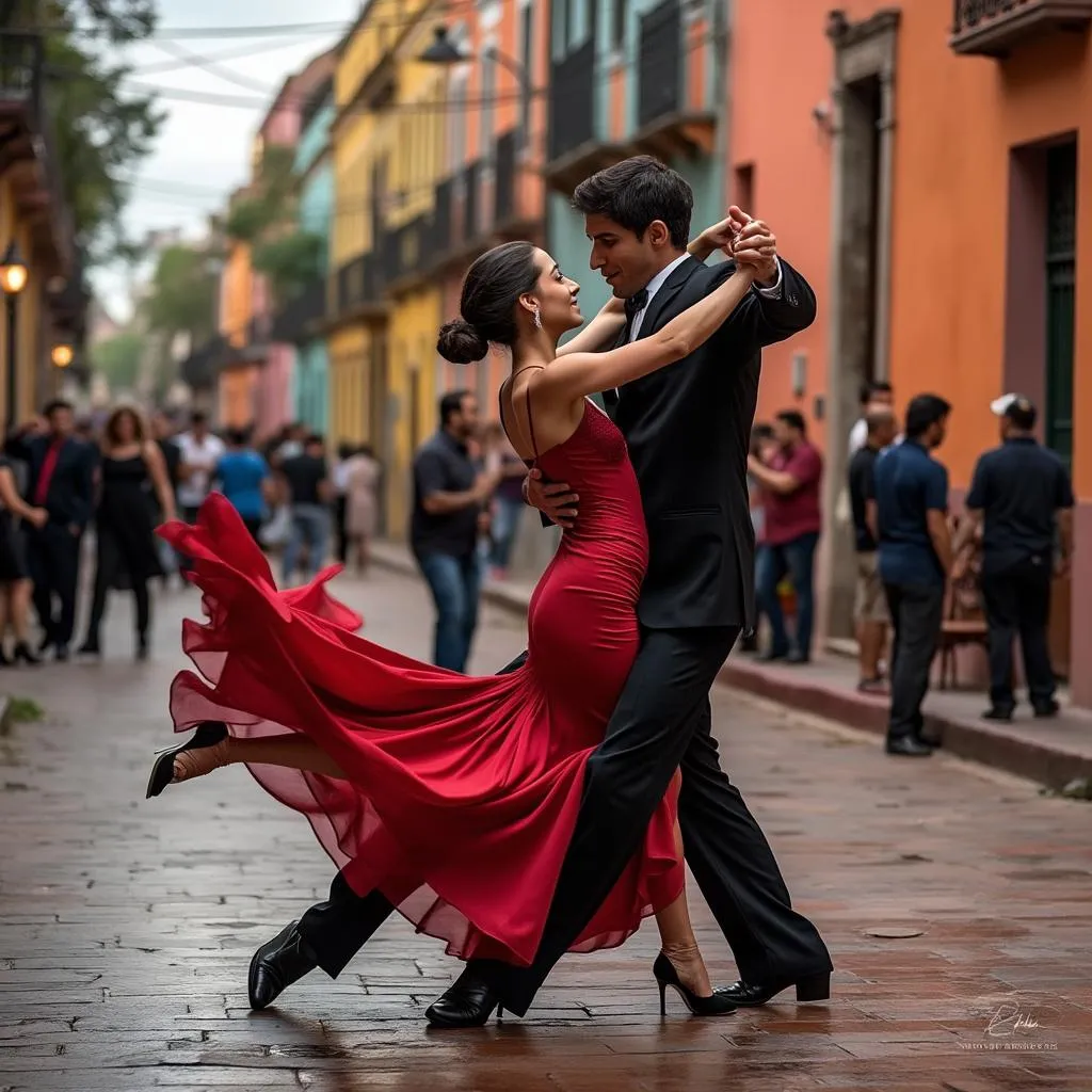 Pareja bailando tango apasionadamente en Caminito, La Boca